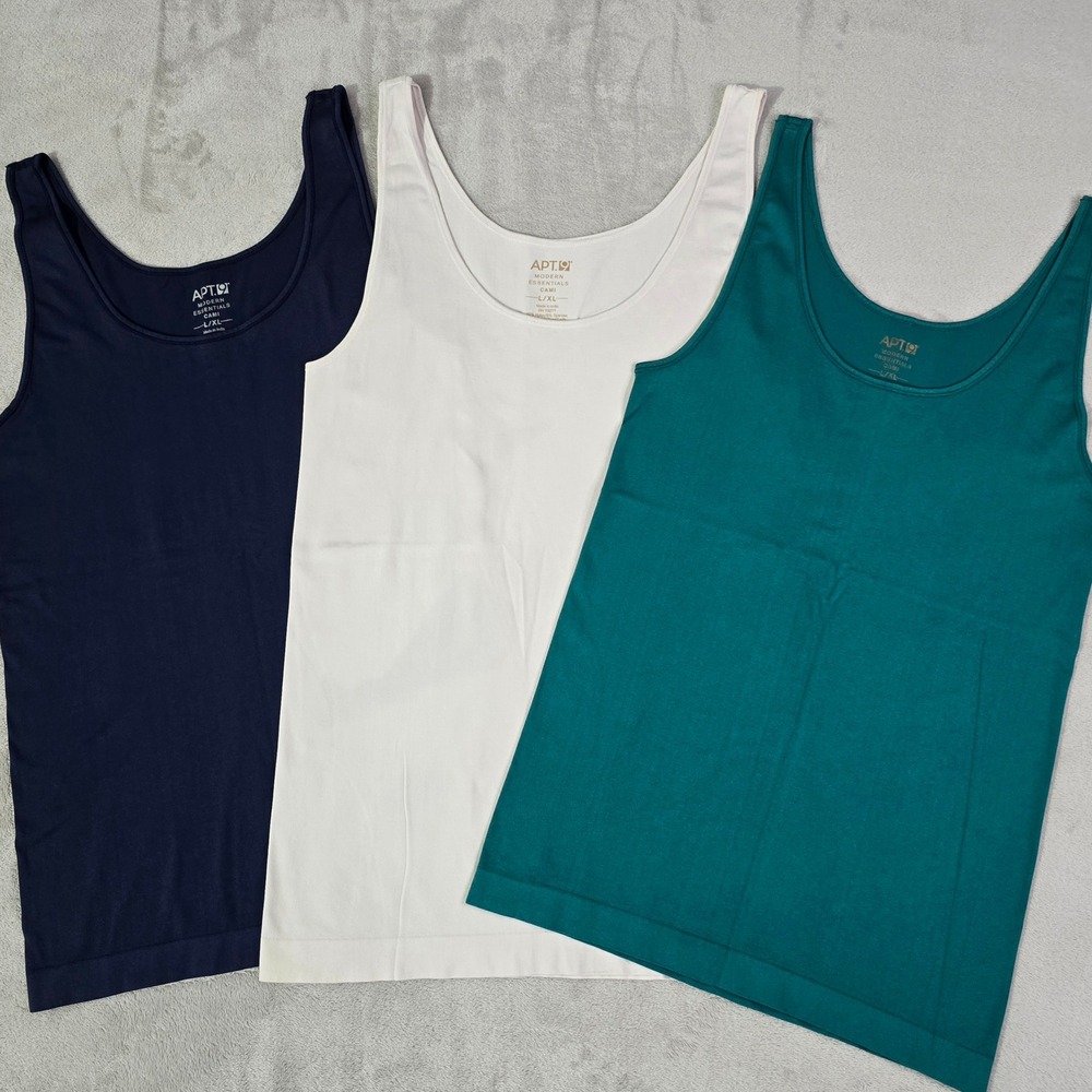 Bundle - 3 Modern Essentials Cami Tank Top L / XL Navy White Teal Seamless Apt 9